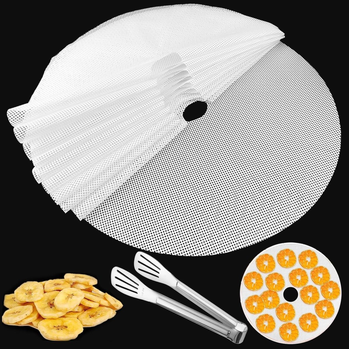 Set van 10 Ronde Siliconen Droogmatten voor Dehydrator met Keukentang voor Fruit, Groenten en Vlees, Ideaal voor Rollades, Dumplings en Gebak (33 cm)