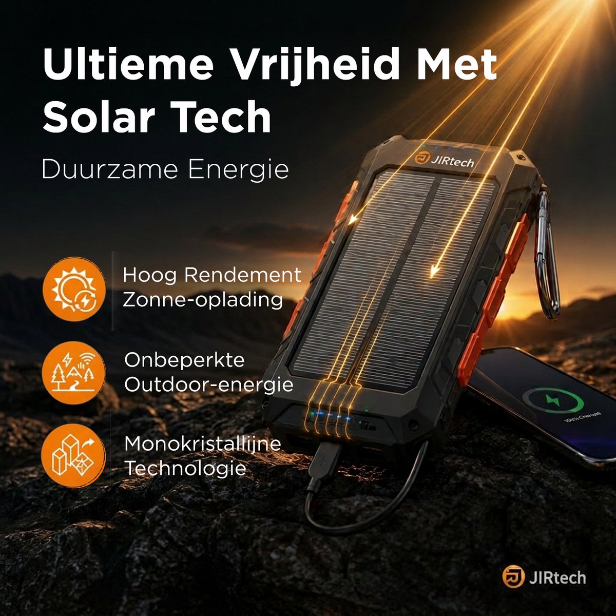 JIR Solar Powerbank 30000 mAh Rood met Ingebouwde Kabels - afbeelding 3