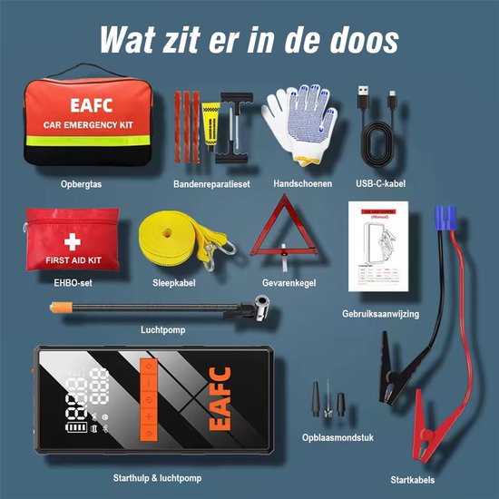 Inhoud van de EAFC auto-noodkit: opbergtas, bandenreparatieset, handschoenen, USB-kabel, EHBO-set, sleepkabel, gevarendriehoek, gebruiksaanwijzing, luchtpomp en startkabels.