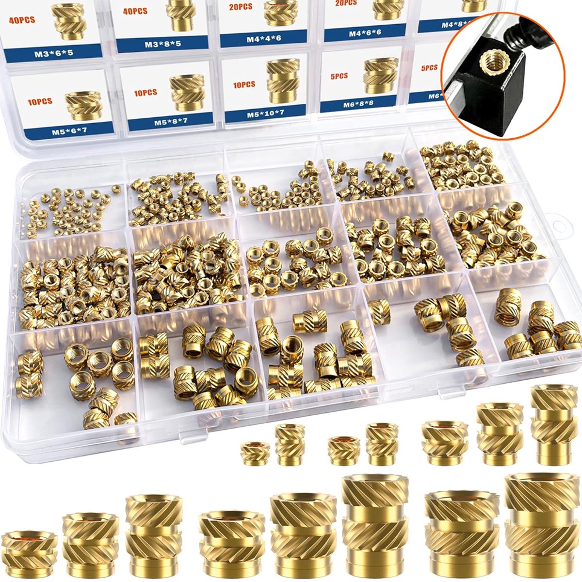 OUYLAF 400 stuks - Schroefdraad insert - schroevenset - M2 M2.5 M3 M4 M5 M6 combinatieset - 3D printer accessoires - 3d printer accessories - moer - Messing - thermohardende inzetstukken - Inzetstukken