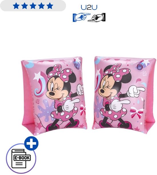 Twee roze zwemvleugels met Minnie Mouse, stippen en sterren. Inclusief gratis E-book.