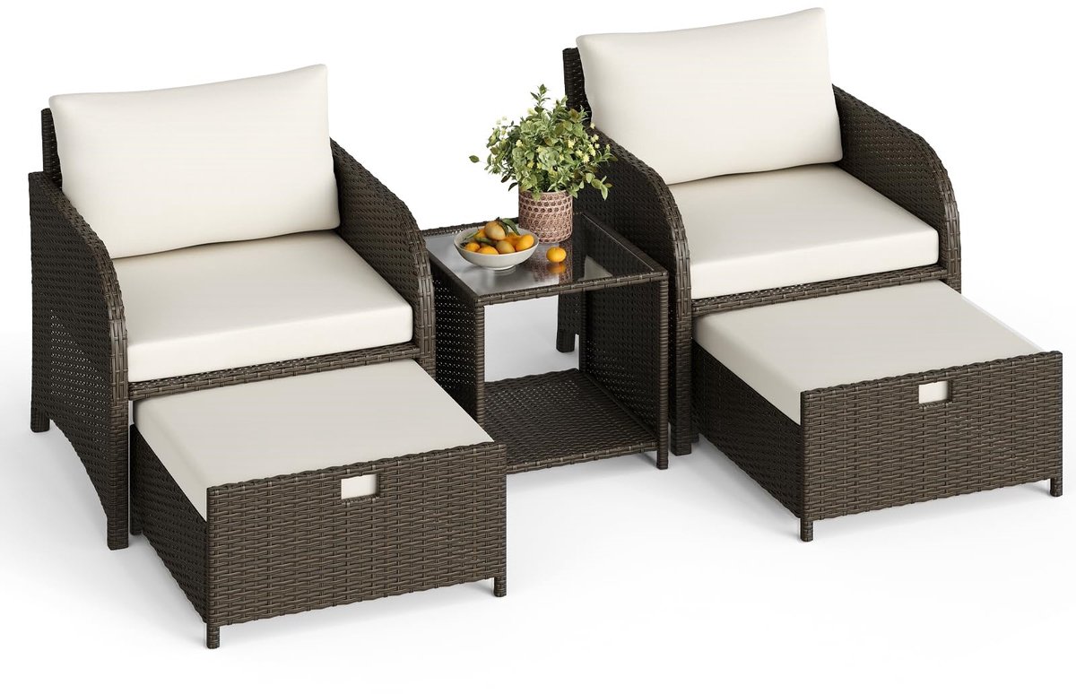 Tuinmeubelset Lounge Set 5-delig, Rattan Bank met Dikke Kussens, 2 Hockers en Opbergtafel, Weerbestendig PE Rotan, Voor Balkon, Tuin, Veranda, Achtertuin, Beige