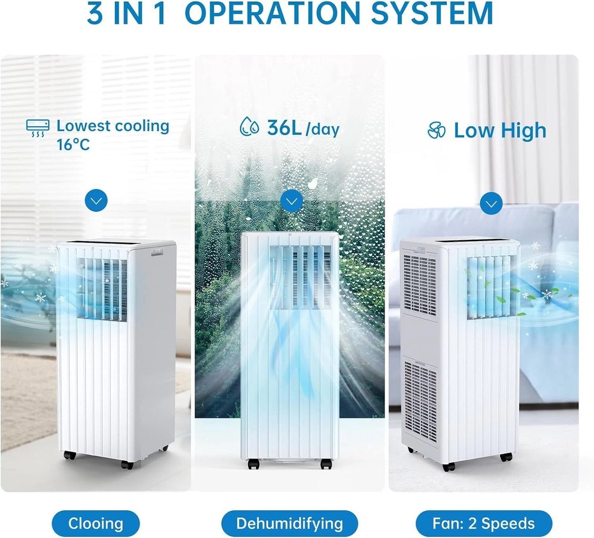 Mobiele airco 7000 BTU 3-in-1 – 36L/dag – 2 standen – 24U timer – Afstandsbediening – Ideaal voor slaapkamer, kantoor thumbnail 6