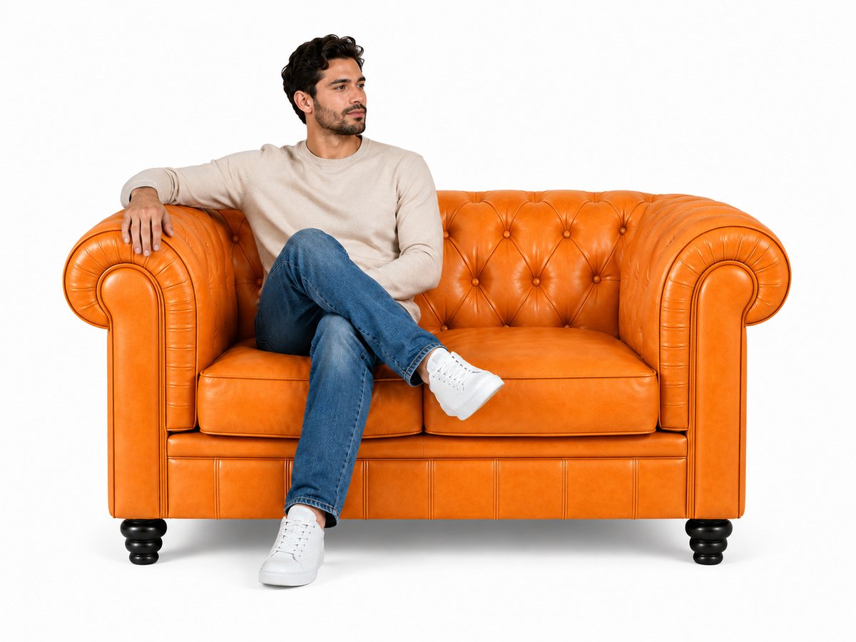 Bank Chesterfield - 2 Zits - Cognac Geel Leer - Sofa - Bankstel