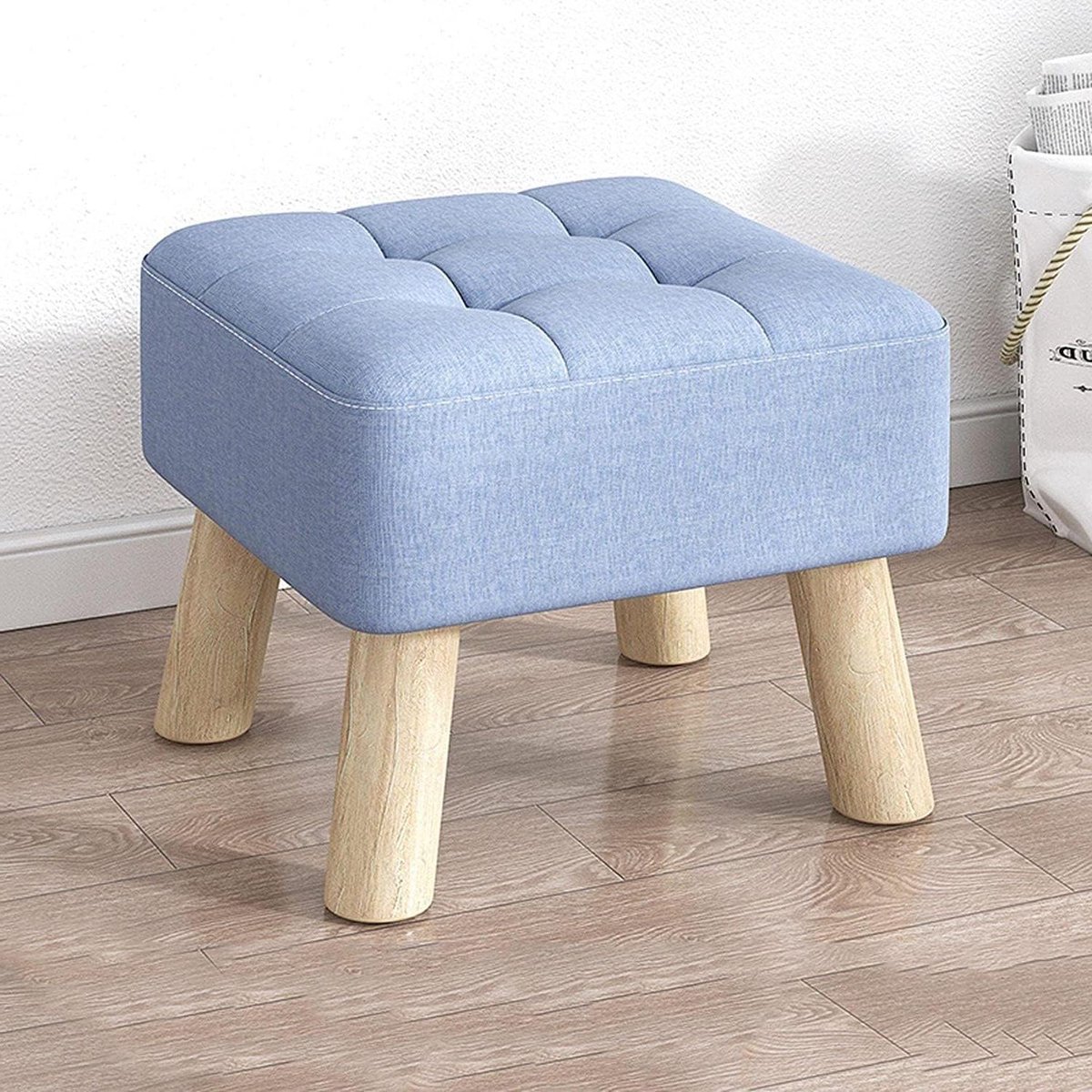 Voetenbankje Linnen - Rustkruk Poef - Ontspannen Zitten - Met Houten Poten - 30x30x34cm - Blauw
