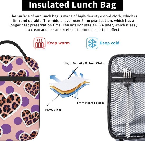 Lunch Tas - Koeltas Picknick - Maaltijden Warm Houden - Verdikte Isolatie - 6 Liter - Luipaard Harten Paarse Stippen — afbeelding 4