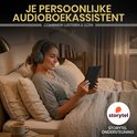 Vrouw met koptelefoon ligt in bed te lezen op een Veloura One e-reader, met Storytel logo.