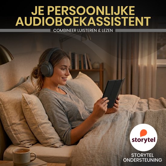Vrouw met koptelefoon ligt in bed te lezen op een Veloura One e-reader, met Storytel logo.