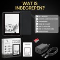 Zwarte e-reader met grijze hoes, oplader, USB-C kabel, 32GB SD-kaart en handleiding.