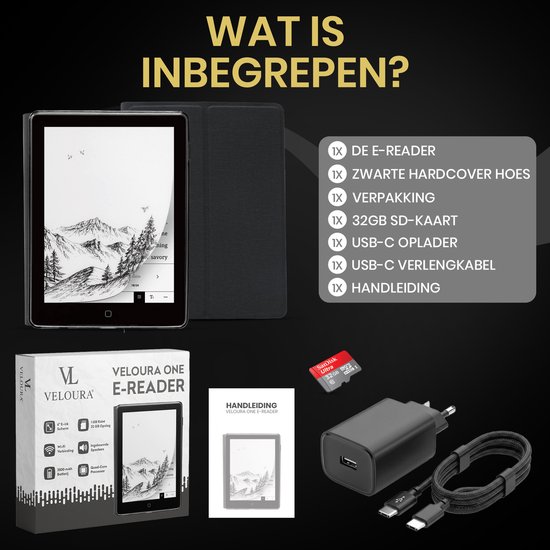 Zwarte e-reader met grijze hoes, oplader, USB-C kabel, 32GB SD-kaart en handleiding.
