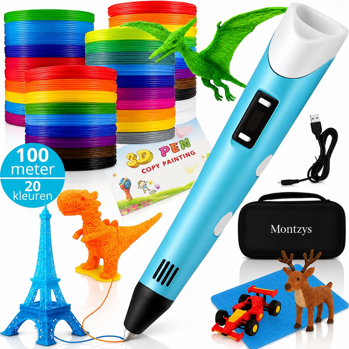 Montzys® Ultieme 3D Pen Set XXL - 100 Meter Filament & 20 Kleuren - Advanced Starterspakket met Vullingen & Navulling - Speelgoed & Tekenen - Inclusief Tekenmat, Voorbeeldboekje & Opbergdoosje