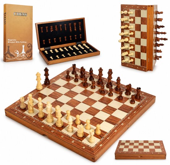 Wood Chess set - Houten schaakbord - 39x39 CM - schaakset - opklapbaar - schaakspel - schaken + 2 extra koninginnen