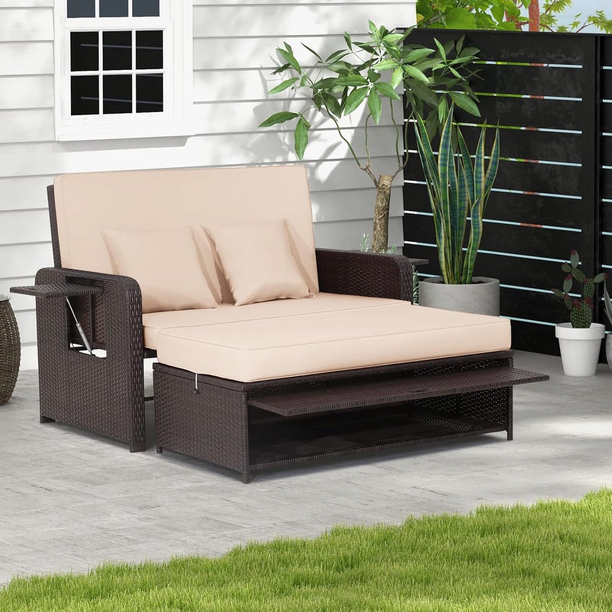 Luxe 3-in-1 Modulaire Rotan Balkon Loungeset met Verstelbare Rugleuning, Slaapfunctie, Opbergruimte en Hocker 2-Zits Tuinbank