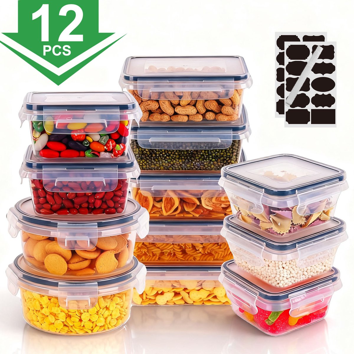 12-delige Luchtdichte Vershoudbakjes Set – Voedselopslag voor Granen en Droge Voeding – Keuken en Koelkast Organizer Set