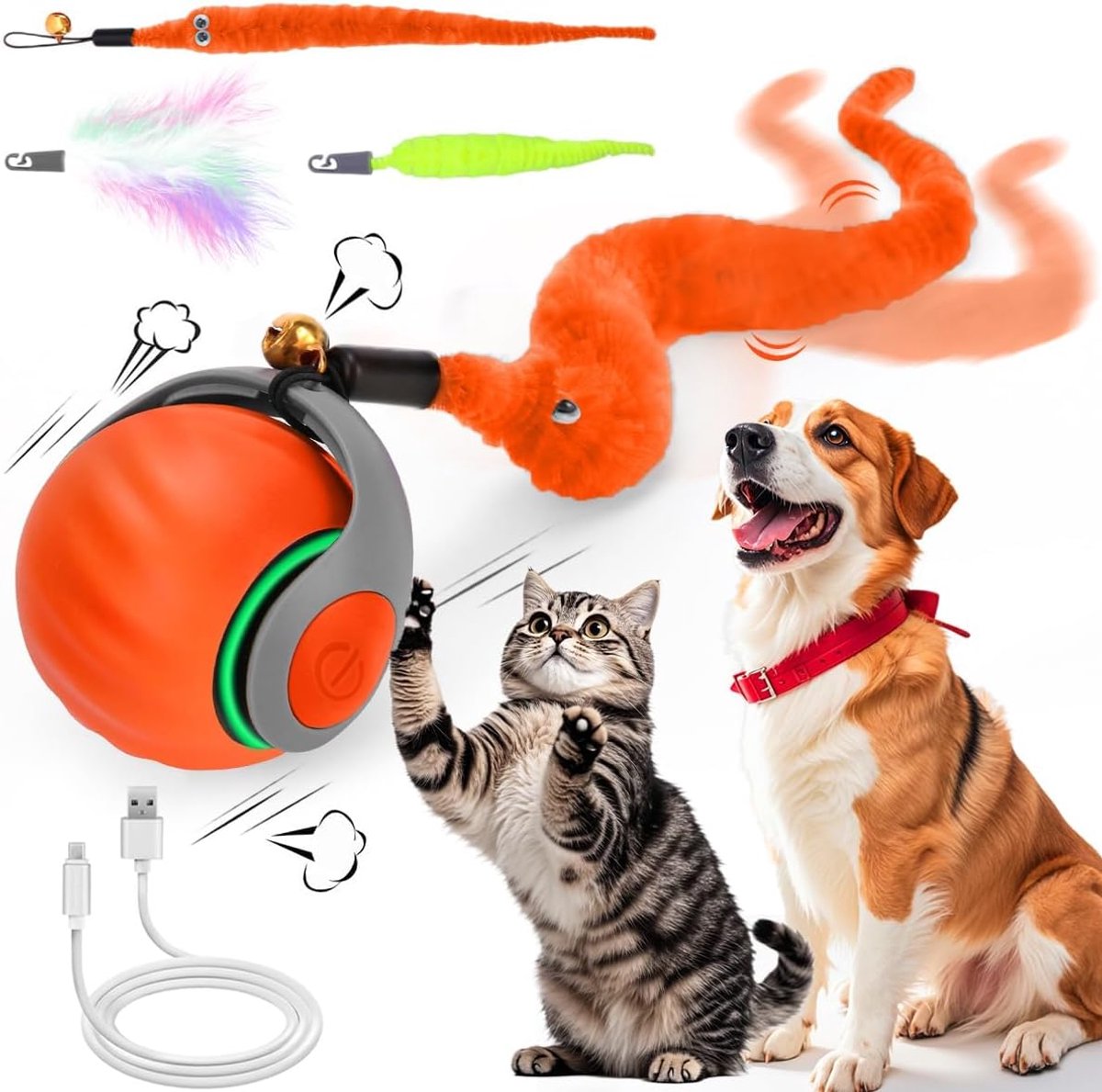 Oneay Elektrische Interactieve Kattenbal met Staart – Automatisch Kattenspeeltje voor Katten, Bewegende Bal voor Jagen en Spelen, USB-Oplaadbaar, Oranje