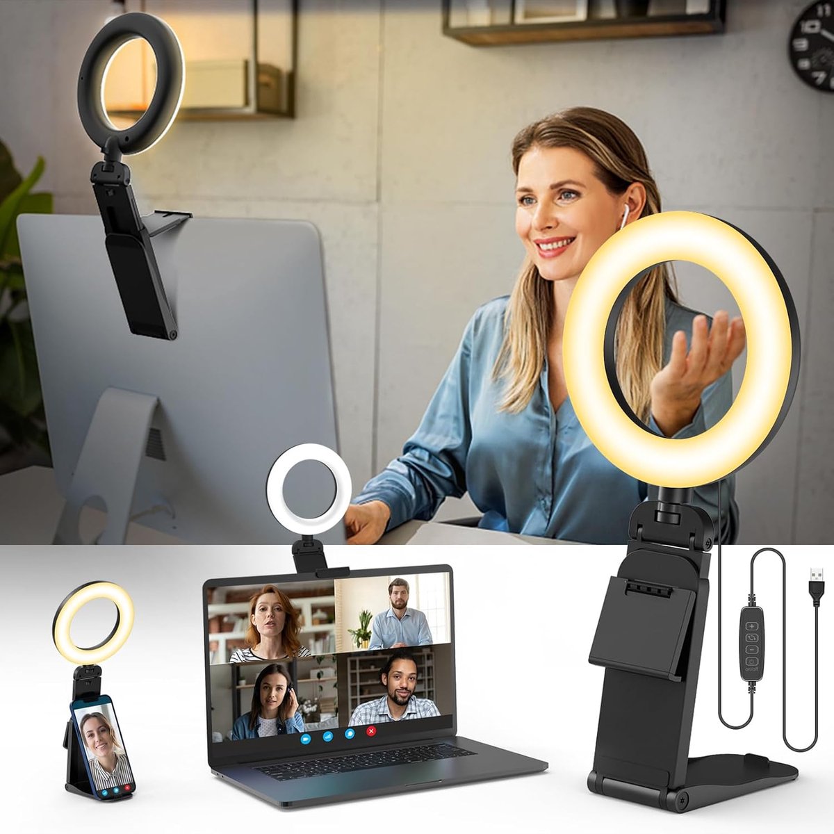 Lzwintrading - Ringlight met Statief - Ring Lamp - Selfie Lamp - Ringlight Telefoon Laptop - 5" Video Conference Light - Mobiele Telefoonhouder 3 Lichtkleuren - 5 Helderheid 360°Rotatable Verlichting