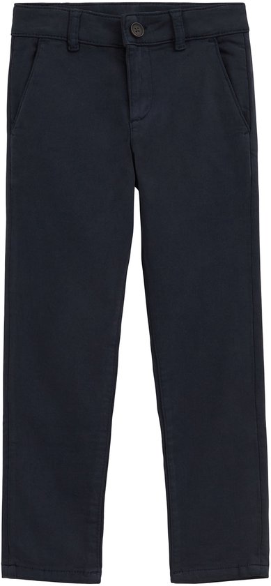 Donkerblauwe chino broek met knoop- en ritssluiting en steekzakken.