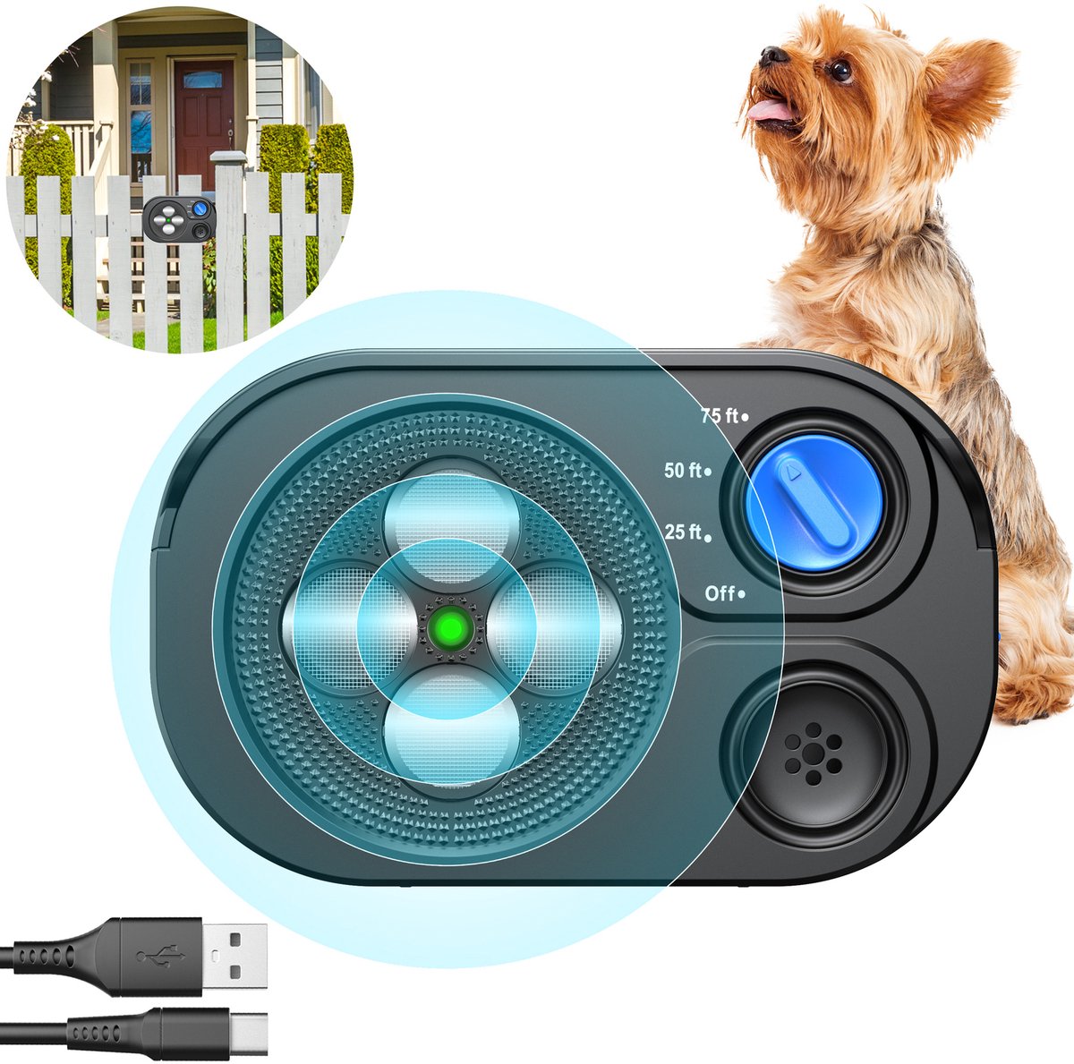 Een zwarte blafonderdrukker voor honden - 12 × 3,8 × 7,5 cm - Oplaadbaar - Variabele ultrasone frequentie - IP65 waterdicht - Stopt effectief blaffen van honden - Effectief bereik tot 20 meter - Onschadelijk voor huisdieren
