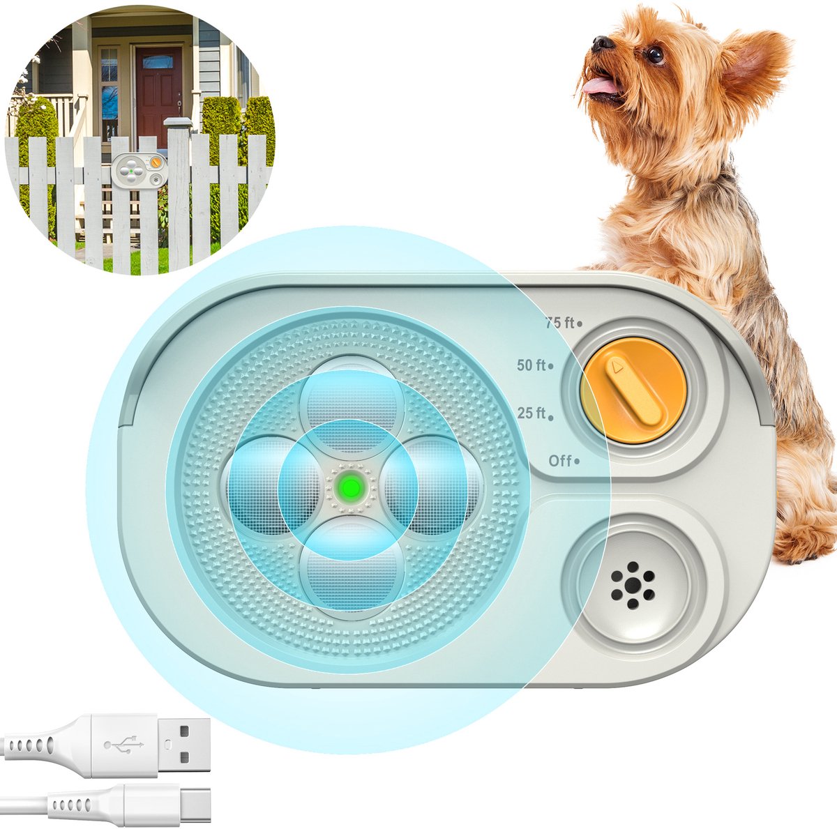 Witte blafonderdrukker voor honden - 12 × 3,8 × 7,5 cm - Oplaadbaar - Variabele ultrasone frequentie - IP65 waterdicht - Stopt effectief blaffen van honden - Effectief bereik tot 20 meter - Onschadelijk voor huisdieren