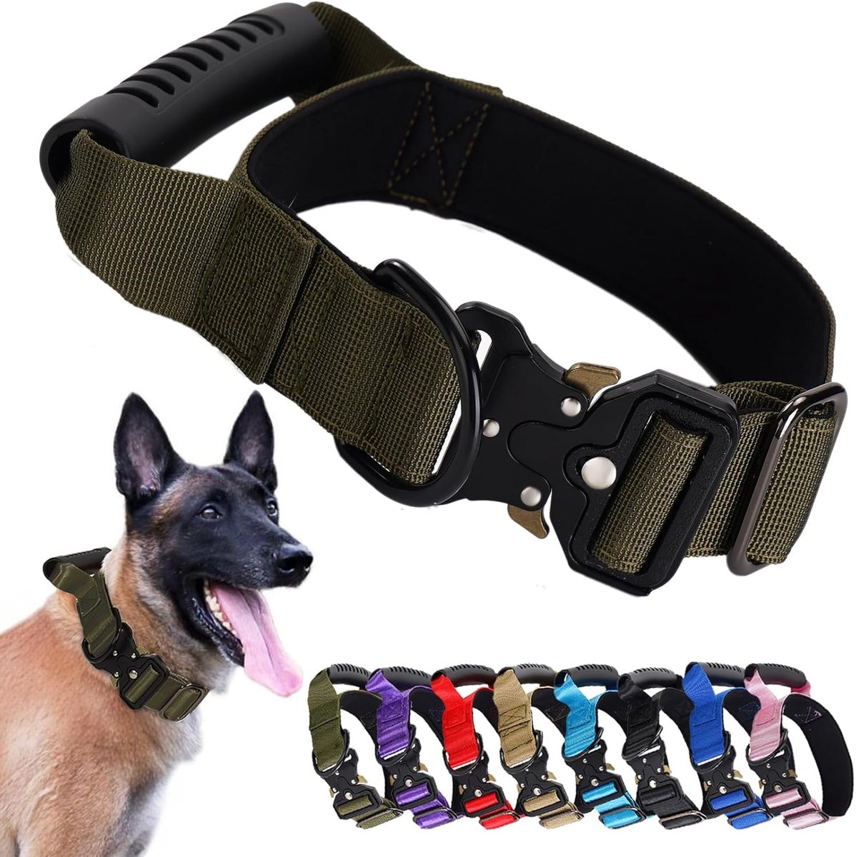 COOAU - Tactische Hondenhalsband met Handvat - Stevig Nylon Halsband met Snelsluiting Metalen Gesp - Verstelbaar Militair Halsband voor Grote Honden Training