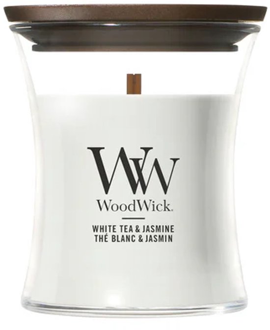 WoodWick Geurkaars Mini Candle - White Tea & Jasmine - 20 branduren - 85gr - 8 cm / ø 7 cm