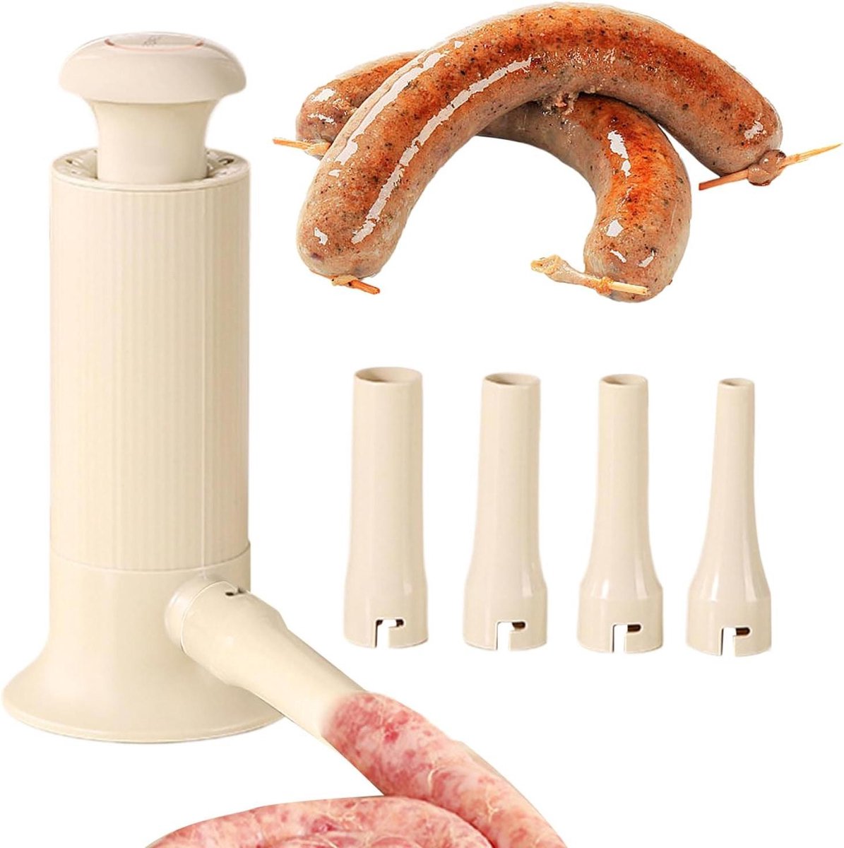 Worstenvuller - Worstenmaker Keuken - Thuis Worsten Maken - Inclusief 4 Vulbuizen - 24.5x11cm - Licht Koffie