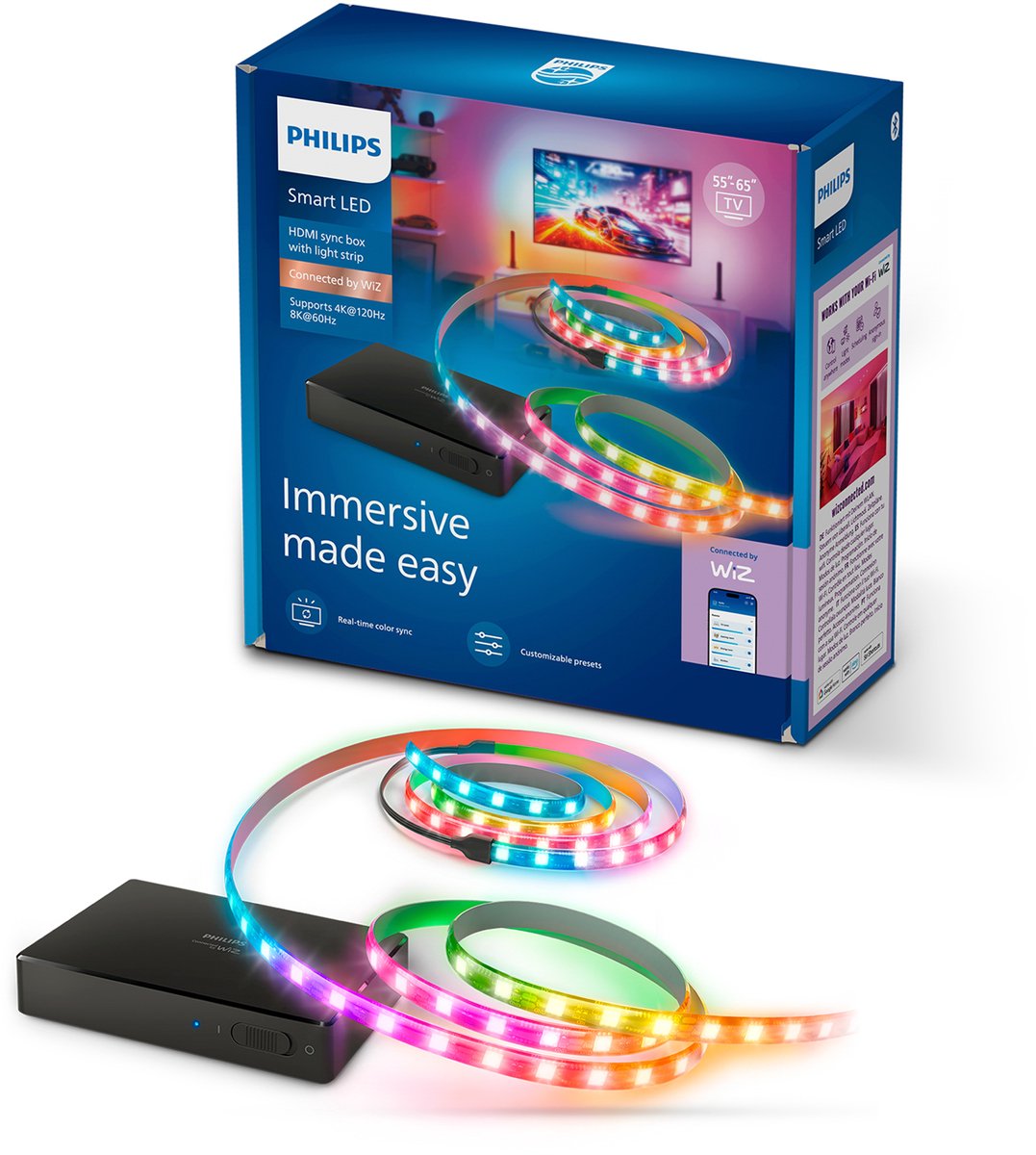 Philips Smart Lighting - HDMI 2.1 Sync Box - Met RGBIC LED strip voor 55 tot 65 tv's - Synchroniseer je verlichting met je beeldscherm - 4K bij 120Hz en 8K bij 60Hz - Werkt met de WiZ app - Wifi - Entertainment starterkit