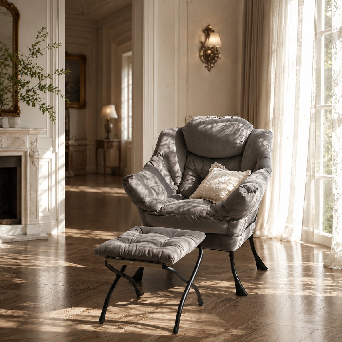 Ligstoel - Fauteuil & Poef Set - Ontspanningsstoel - Relaxstoel - Loungestoel - Comfortabele TV-stoel - Grijs