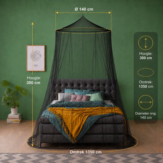Zavelo Moustiquaire Grande avec Anneau de Tension Extra Large Zwart - XXL Double Moustiquaire - Moustiquaire 2 personnes - Moustiquaire de Voyage Ronde - Moustiquaire avec Sac de Voyage et Cordon de Suspension
