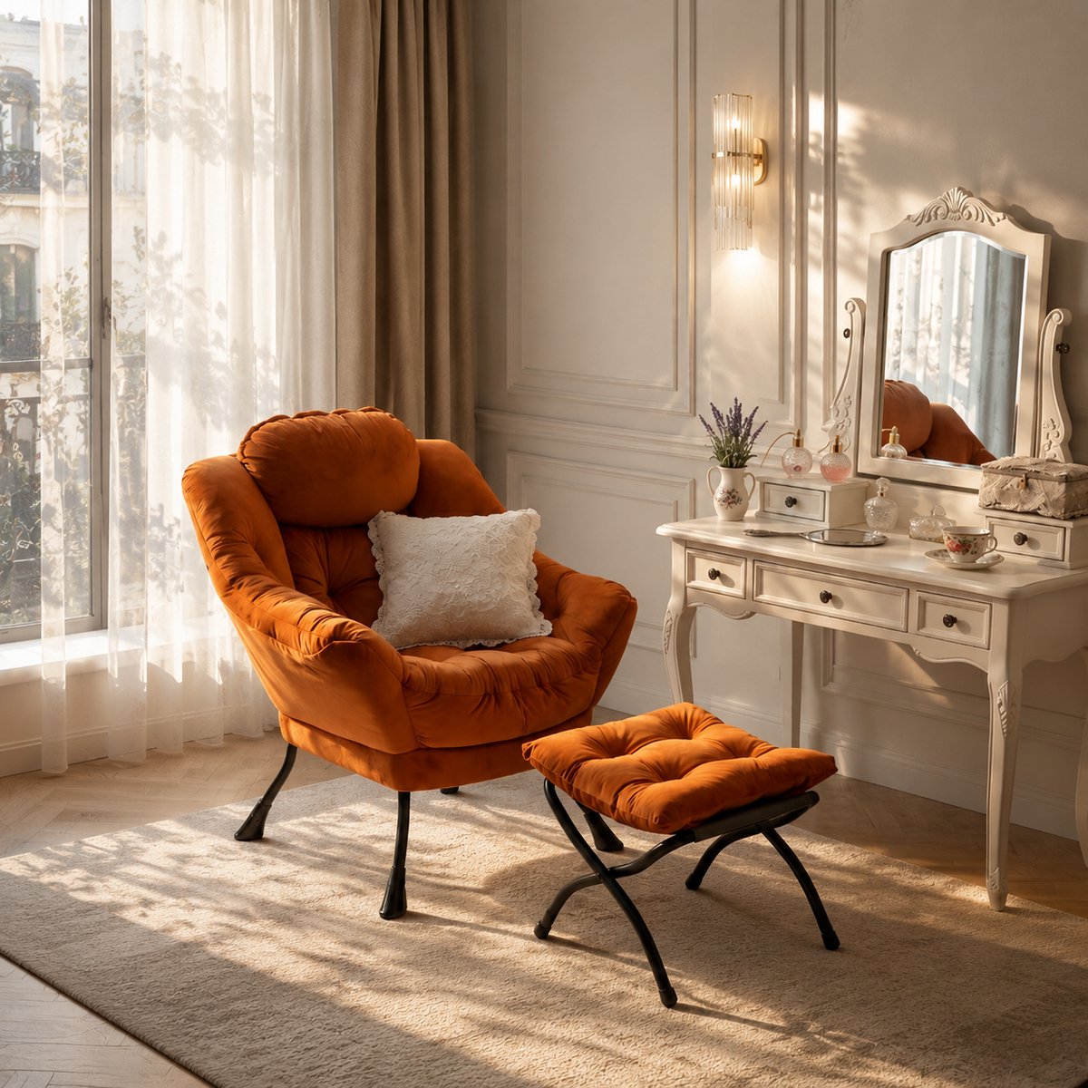 Ligstoel - Fauteuil & Poef Set - Ontspanningsstoel - Relaxstoel - Loungestoel - Comfortabele TV-stoel - Oranje