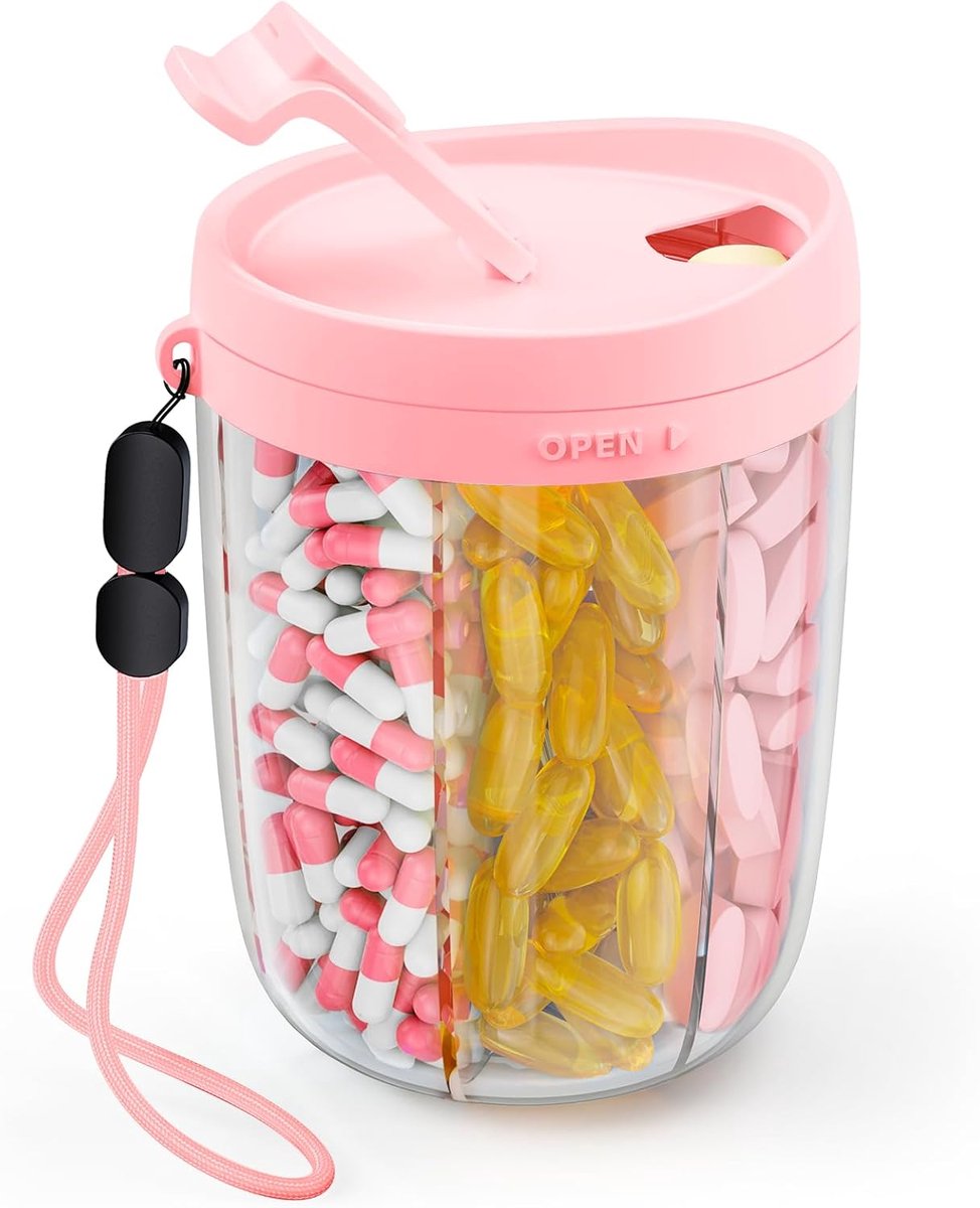 Pillenbox Set - Grote Tablettendoos met 6 Vakken - 1 Stuk Draagbare Organizer - BPA-vrij met XL Compartiment en Handvat - Voor Vitaminen en Medicatie Onderweg - Roze