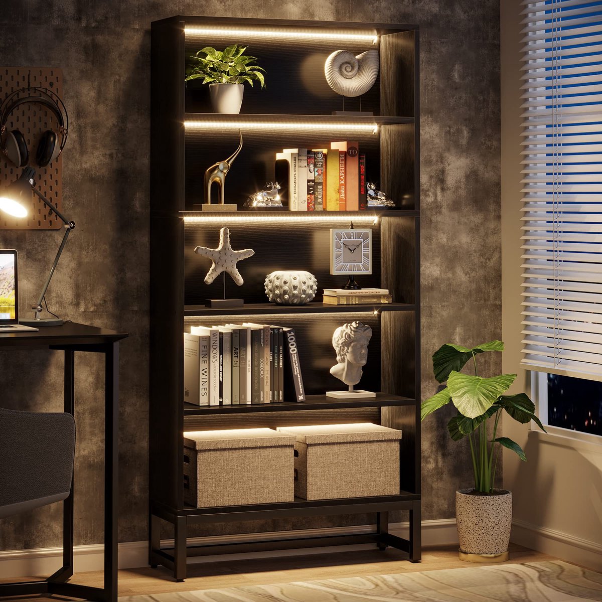 LITTLE TREE Hoog Boekenrek -80 x 30 x 180 cm -Met LED‑Verlichting -5‑laags Opbergschappen -Vrijstaand Duurzaam Bibliotheekrek -Voor Woonkamer En Slaapkamer - Zwart