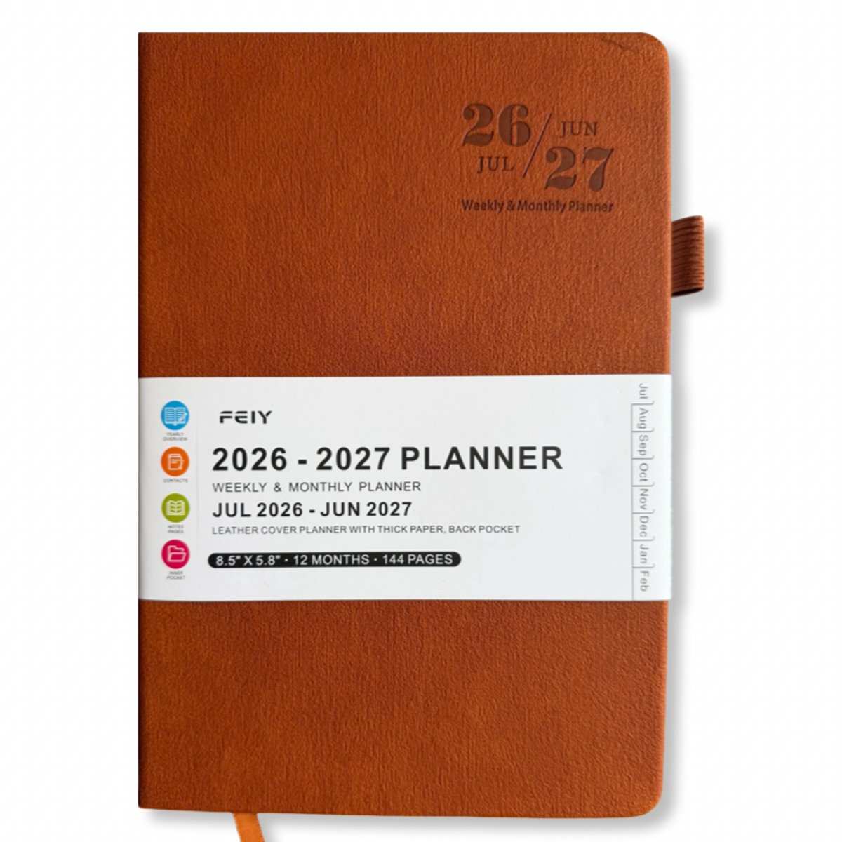 Feiy Brown Agenda - 2026-2027 - A5 formaat Schoolagenda - 1 week op 2 pagina's - Harde kaft - Met Elastiek