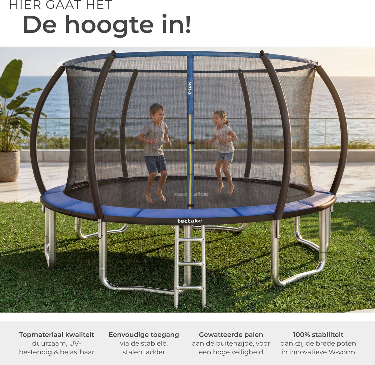 tectake® Trampoline met Veiligheidsnet en Trap - 366 cm - Veilig en Stevig voor Buiten - Tuintrampoline - Fitnesstraining - Kindertrampoline — afbeelding 9