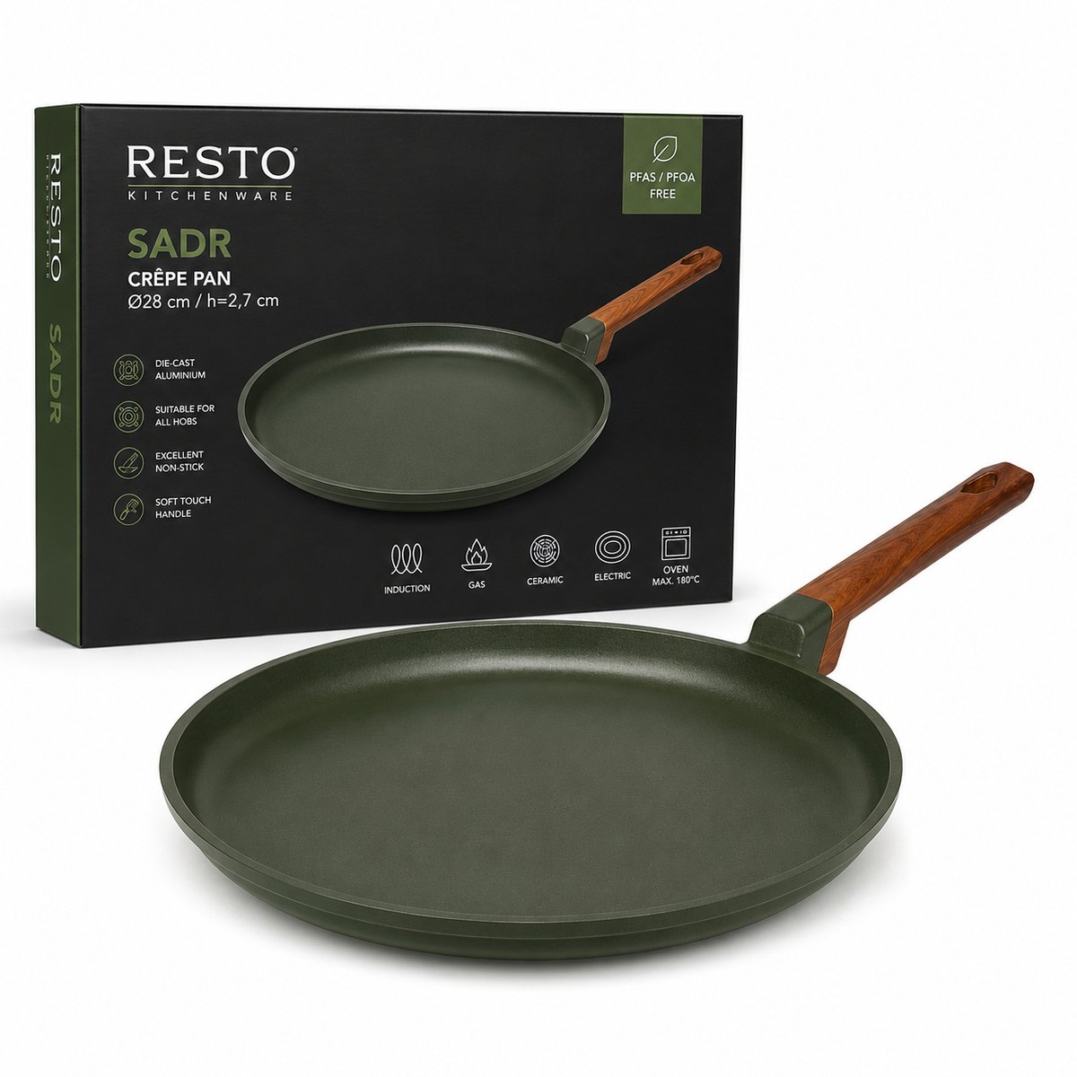 RESTO Sadr Crêpepan 28 cm – Inductie Geschikt – Gegoten Aluminium – Anti-aanbaklaag – PFLUON anti-aanbaklaag – Professionele Pannenkoekenpan