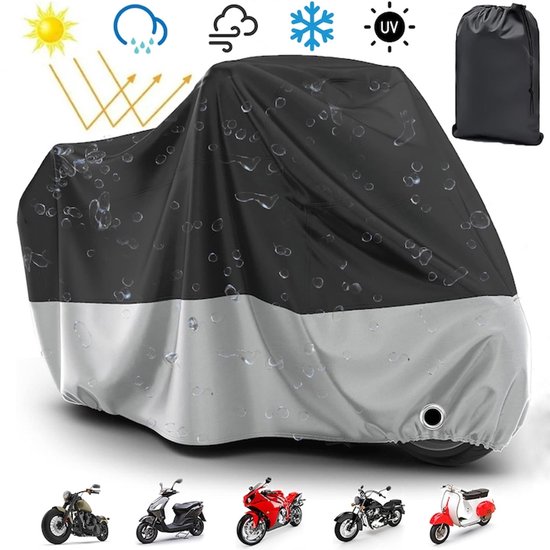 Zwart-grijze motorhoes op een motor, beschermt tegen zon, regen, wind, sneeuw en UV. Inclusief tas.