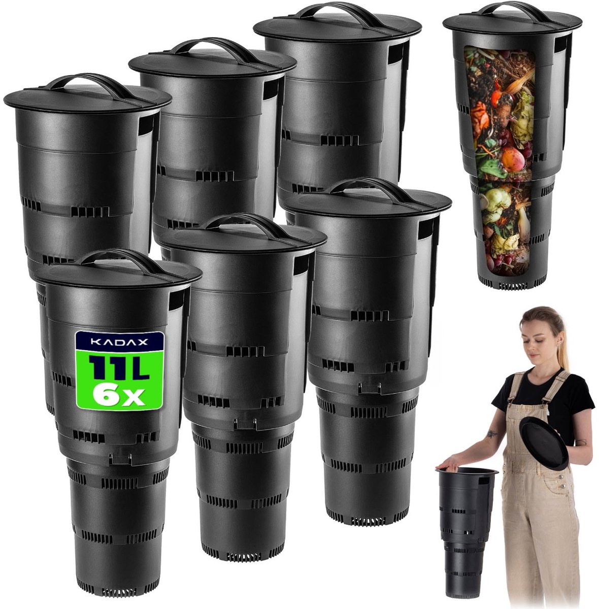 KADAX Ondergrondse tuincompostbak van kunststof, geurloze compostemmer voor het maken van mest, compostcontainer met ventilatiegaten (zwart, 6 stuks)