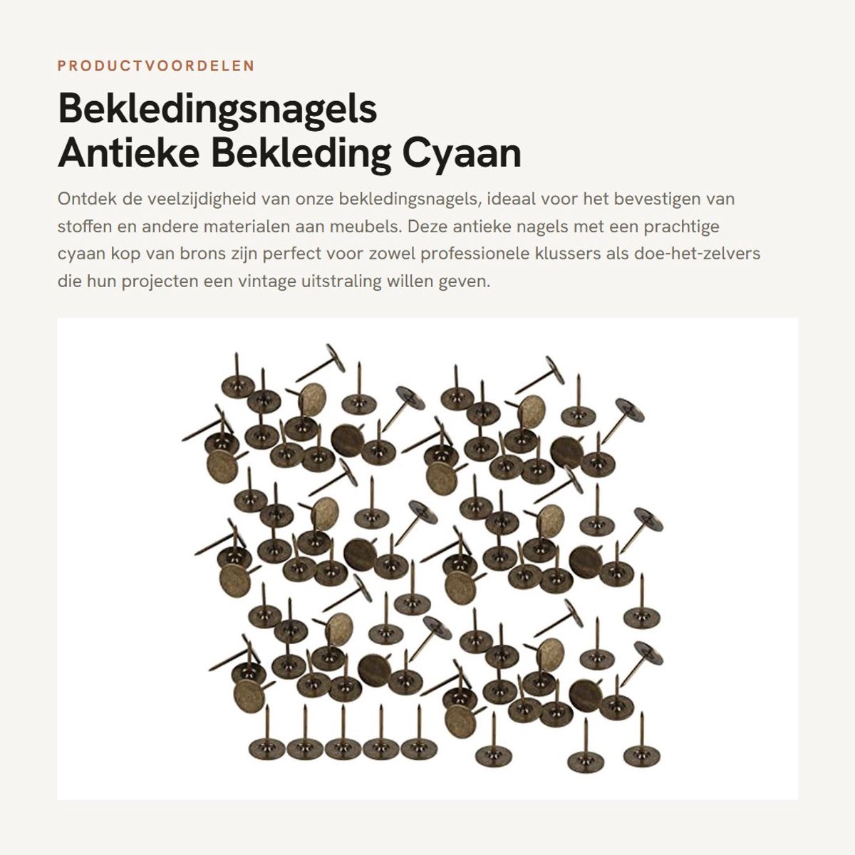 Dailygoods- Bekledingsnagels 100 Stuks - Antieke Bekledingsnagels - Cyaanbrons - IJzer - Platte Kop - Afmetingen 14 x 20 mm - Bekledingspijkers