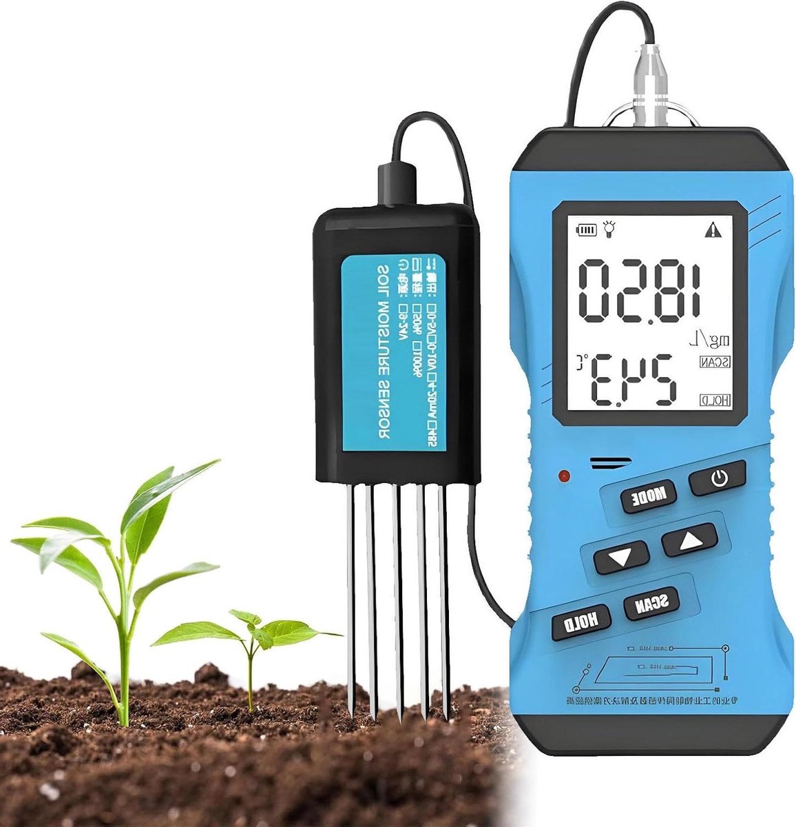 Draagbare 7-In-1 Digitale Bodemdetector met Npk-, Ph- en Ec-Analysator, Vochtsensor en Handheld Terminal voor Bodemvruchtbaarheidstests.