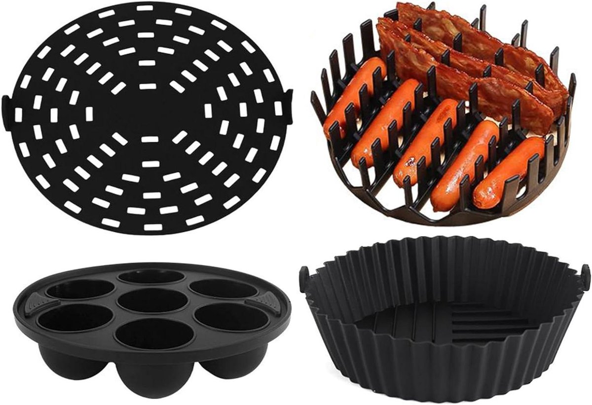 Airfryer Siliconen Voeringen - Bakvormen Mand - Moeiteloos Koken - Voedselveilige Antiaanbaklaag - 22x21 cm - Zwart
