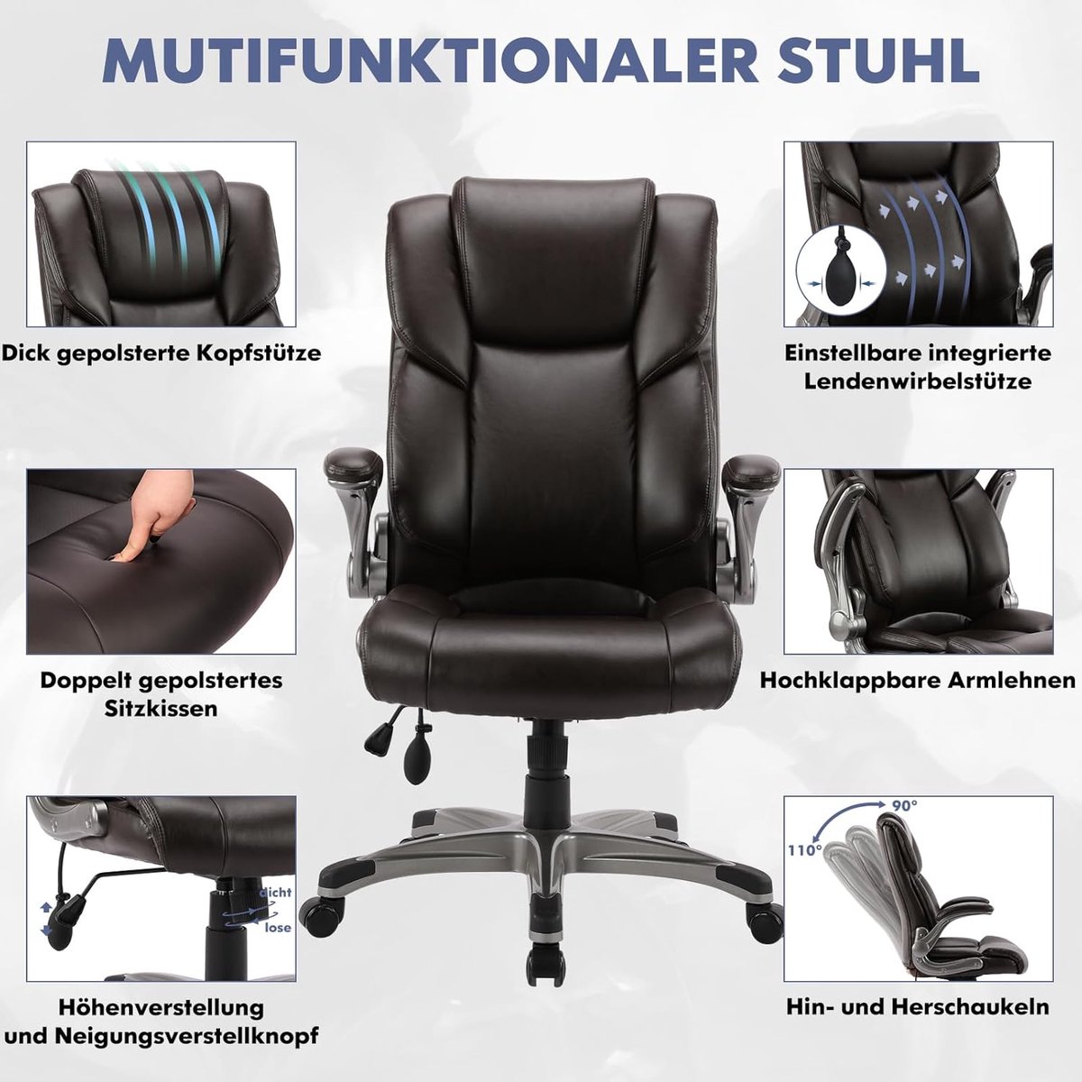 Bureaustoel Directiestoel Bruin – House&Garden Executive Vintage Pro Ergonomische Kantoorstoel met Opblaasbare Lendensteun, Opklapbare Armleuningen, Kunstleren Bekleding, Hoge Rugleuning, Kantelfunctie en Wielen – Luxe Managersstoel tot 110 kg