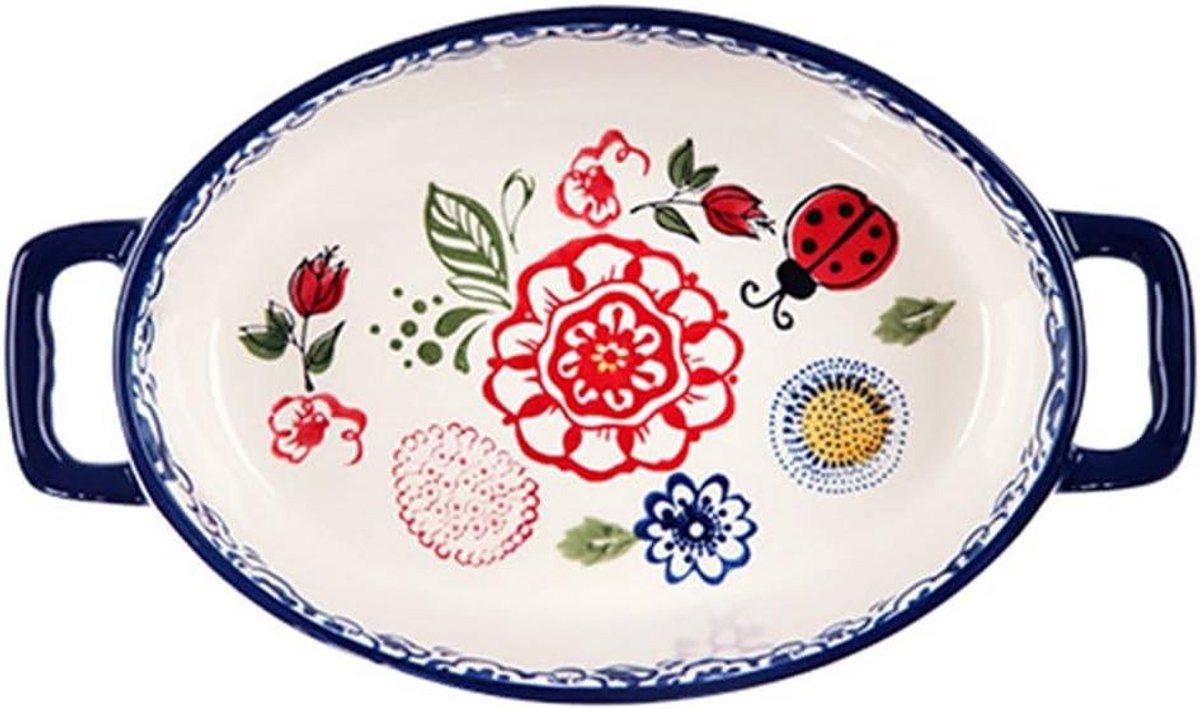 Keramische Schaal - Ovenschaal Bakpan - Serveren van Salades - Handbeschilderd Bloemmotief