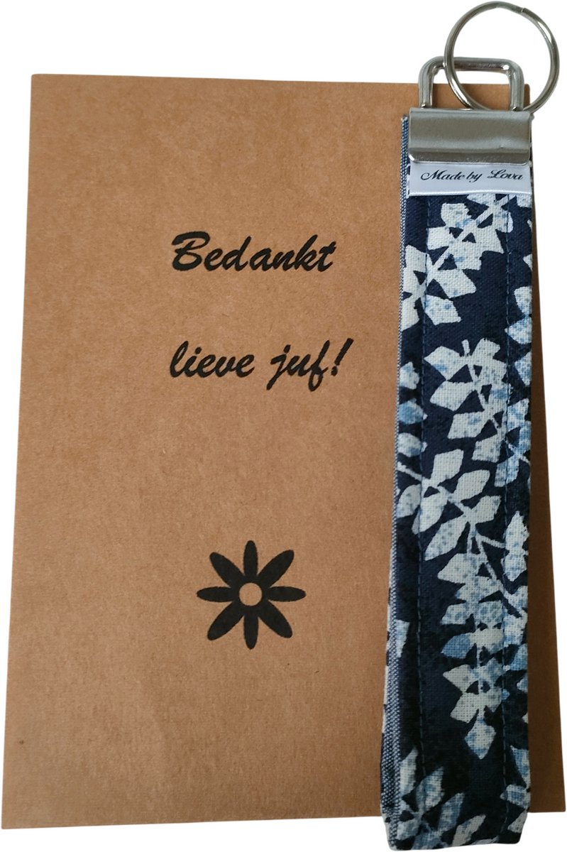 scrunchie sleutelhanger blauw - bedankt lieve juf - zwart - sleutelhanger - juffendag - cadeautje juf - handgemaakt