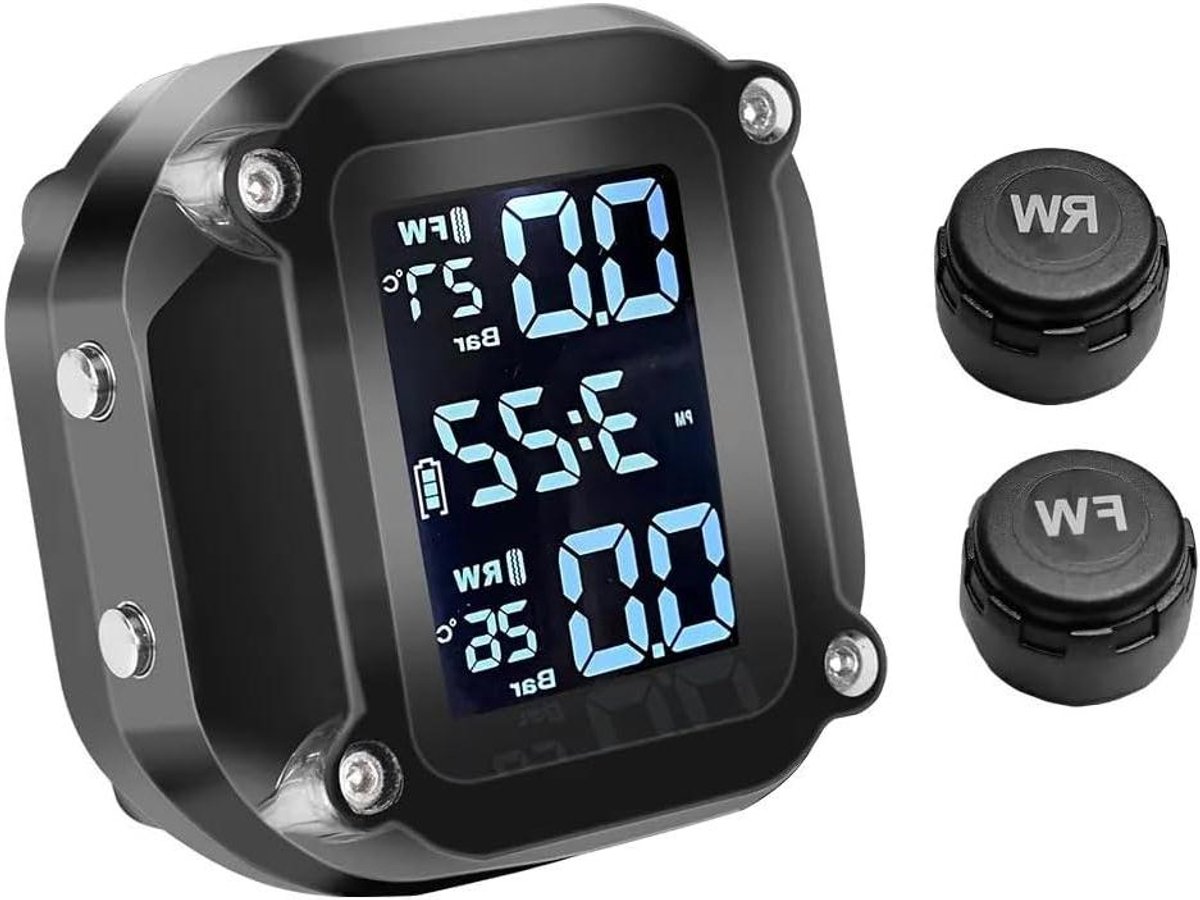 Bandenmonitor Motor - TPMS Sensor - Veilig Rijden - Draadloze Sensoren - LCD Display - Zwart