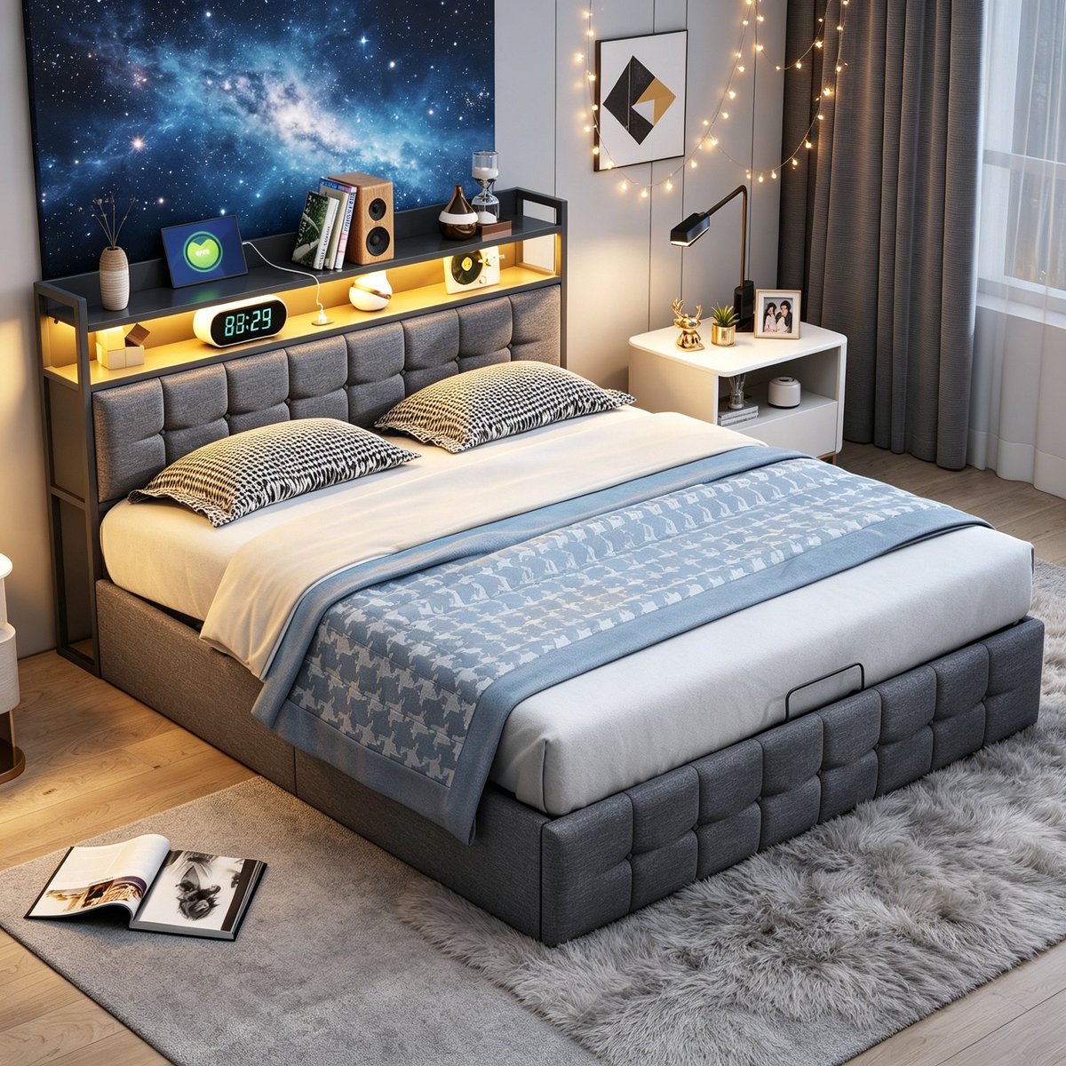 MEXUS Gestoffeerd 140x190 cm, met LED en USB-aansluiting, tweepersoonsbed met hydraulische functie, opbergbed bedframe met lattenbodem, Grijs linnen