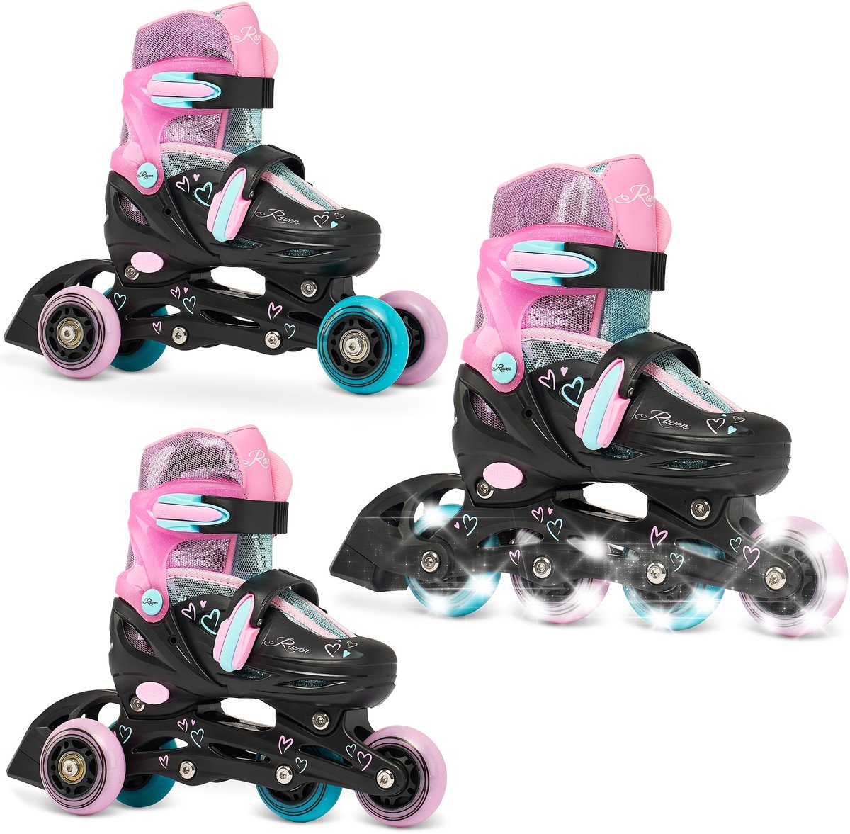 RAVEN Loret Glitter 3-in-1 Verstelbare Skeelers Lichtgevende Wielen LED 34-37 /Mintgroen Zwart