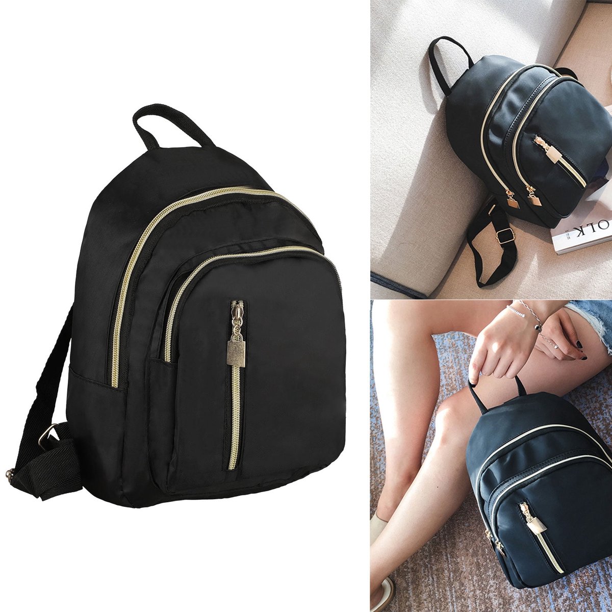 Oneay Damesrugzak, kleine nylon rugzak voor dames, modieuze, casual, lichtgewicht reis- en schooltas, schattige kleine rugzak, mini-tasje, casual dagrugzak voor tienermeisjes en vrouwen (zwart)