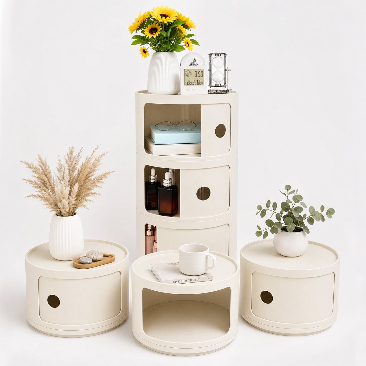 Ronde Nachtkastje met Schuifdeur – 3 Laags Opbergkast – Moderne Ronde Bijzettafel – Multifunctionele Opbergkast – Slaapkamer & Woonkamer Meubel – Crèmewit