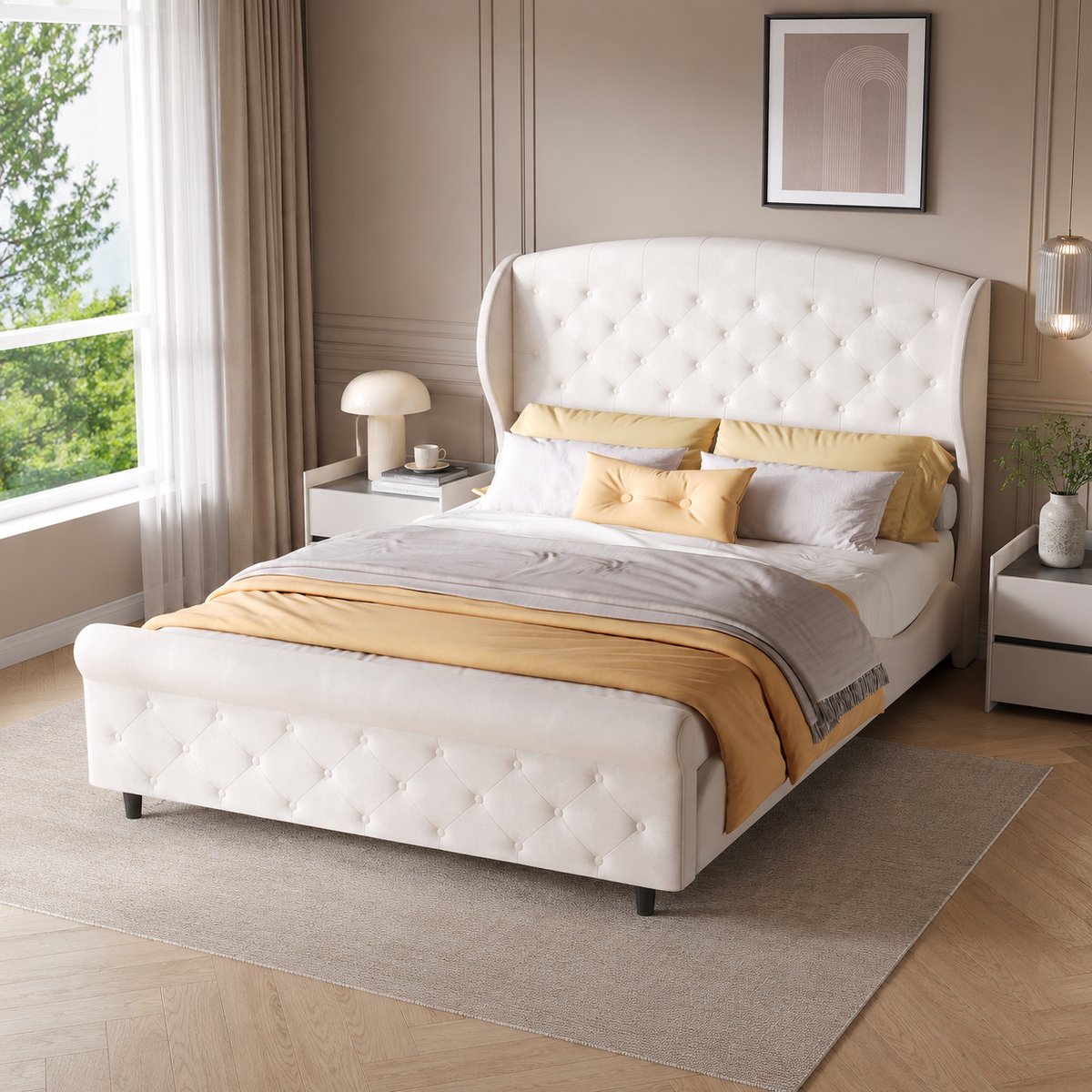 MEXUS Gestoffeerd bed 140x200 cm in stof met gebogen hoofdbord met lattenbodem, metalen steun, tweepersoonsbed met zwartte poten van rubberhout - Wit