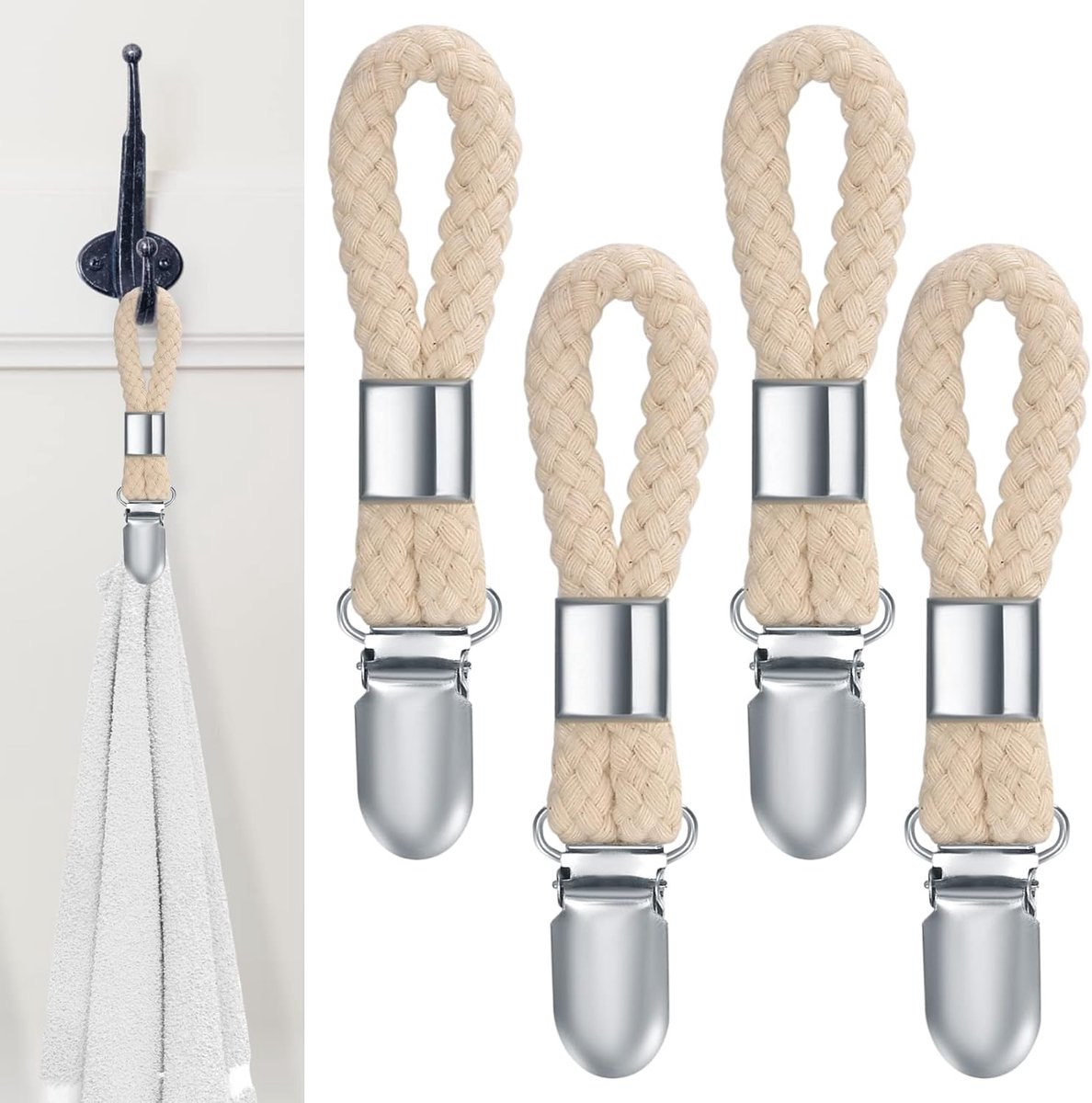 Set van 4 handdoekclips, theedoekhouders met haken voor badkamerkastje, handdoekhaken van 
